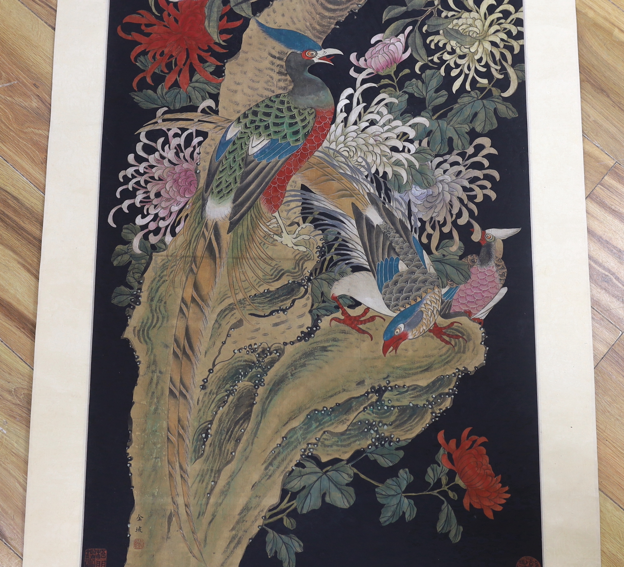 A Chinese hundred bird painted scroll, 239cm high
